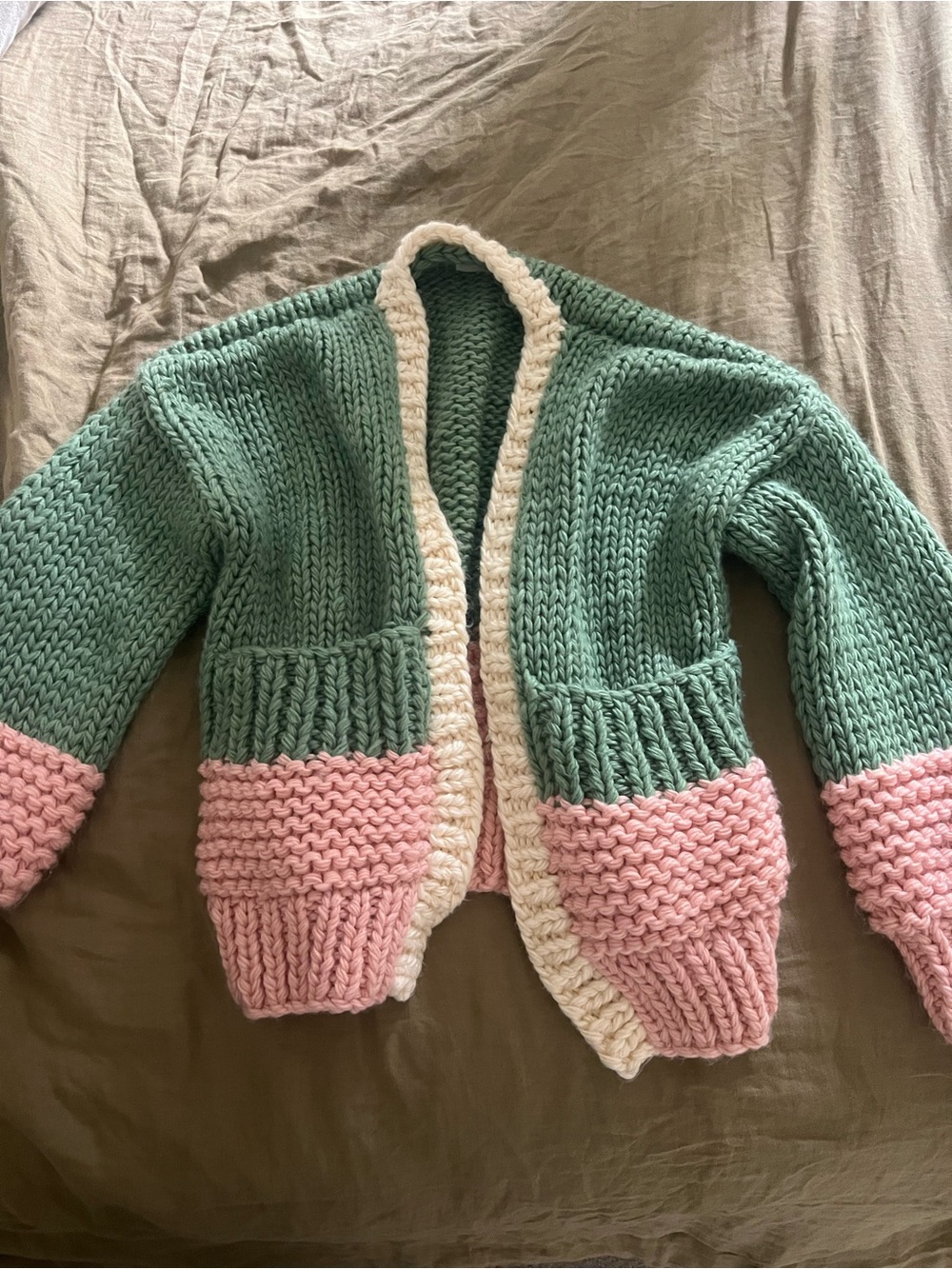 Chicwish Sage Green & Pink Chunky Knit Open Cardigan with Cream Trim - Picture 2 of 4